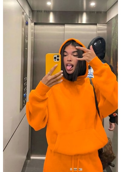 Benroma 3 İplik Penye Kapüşonlu Oversize Sweat Turuncu