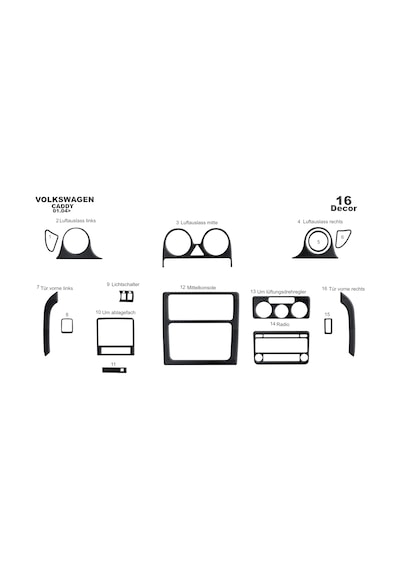 Volkswagen Caddy Torpido Kaplama 2004-2009 16 Parça Siyah Karbon