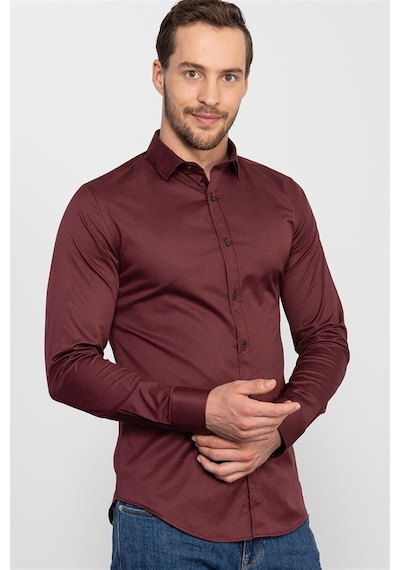 Tudors Slim Fit Dar Kesim Likralı Düz Saten Erkek Gömlek-19933 Bordo