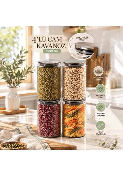 Tr S-2087 4'lü Çizgili Cam Kavanoz Seti 1500 Ml Metal Vakum Kapaklı Mutfak Kiler Erzak Ve Bakliyat Saklama Kabı Genel