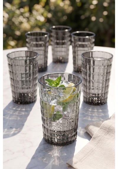 Akrilik Allegra Füme 18 Parça Su Meşrubat Kahve Yanı Bardağı 400 Ml- 450 Ml- 750 Ml Cam Değildir