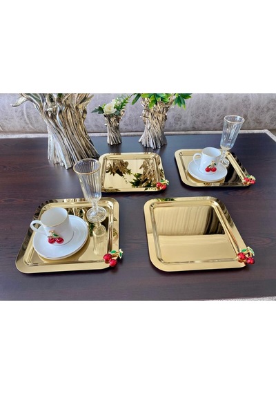 Atabey Home Collection 6 Adet Kahve & Çay & Sunum Tepsisi Gold Tepsi Kiraz Dökümlü