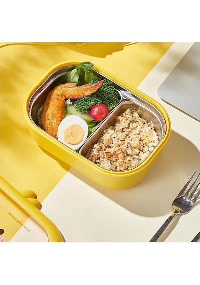 Valkyrie 304 Paslanmaz Çelik Çocuk Beslenme Kabı Kedili Termal Çantalı 2 Bölmeli Lunch Box Yemek Kabı Sarı