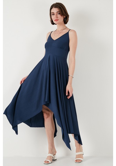 Lela Asimetrik Kesim Regular Fit Midi Boy Askılı V Yaka Bayan Elbise 5866131 Indigo