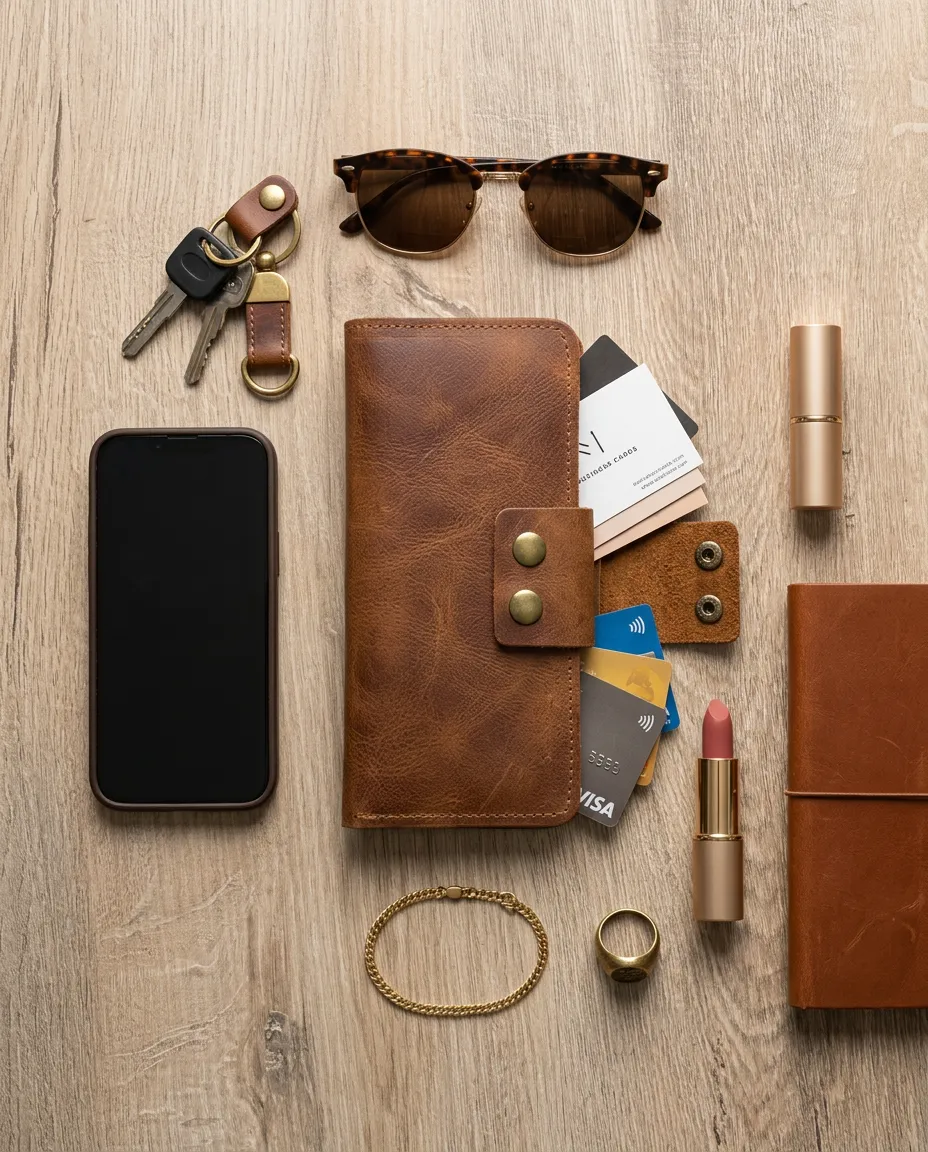 Natderi %100 Hakiki Deri Çıtçıtlı El Portföyü Cüzdan Telefon Bölmeli Cüzdan - 9x19 Cm Taba & Acı Kahve