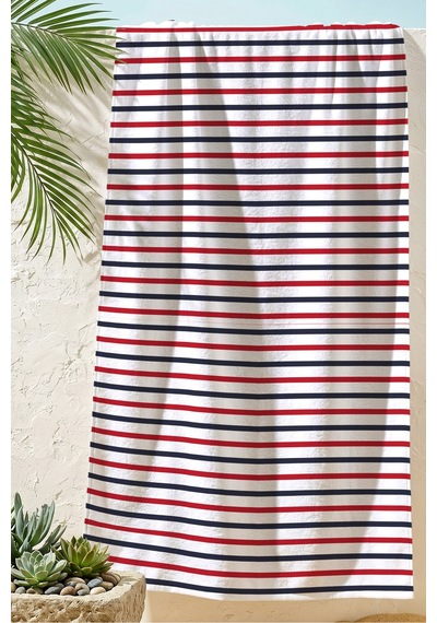 Çizgili Marine Plaj Havlusu - Lacivert Kırmızı Modern Nautical Hızlı Kuruyan Mikrofiber Havlu Kumlu Papatya