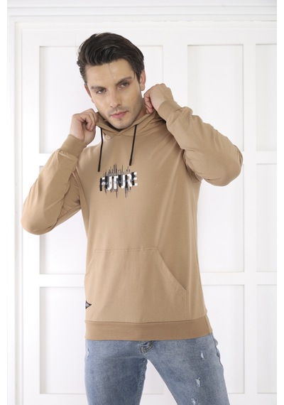 Escetic Spor Erkek Koyu Vizon Cepli, Kapüşonlu Sweatshirt-4170