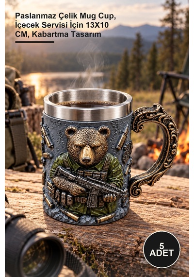 5 Adet 3d Kabartmalı Avcı Temalı Kupa Bardak Paslanmaz Çelik Mug Cup, İçecek Servisi İçin 13x10 Cm, Kabartma Tasarım