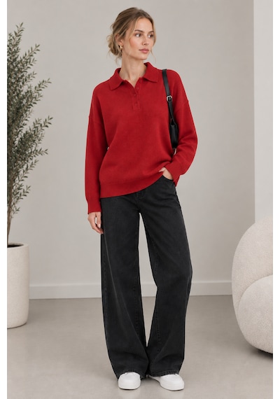 Youknitwear You Aura Polo Yaka Kadın Kazak Açık Kırmızı