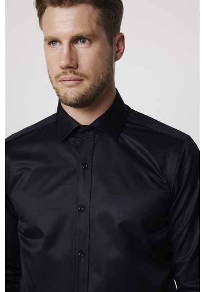 Tudors Modern Slim Fit Düz Saten Pamuklu Erkek Lacivert Gömlek-27777-siyah Siyah