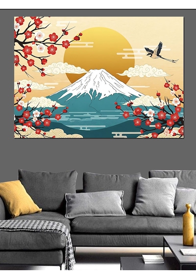 Fuji Dağı Ve Bahar Dalları Dekoratif Kanvas - Mdf Ahşap Tablo