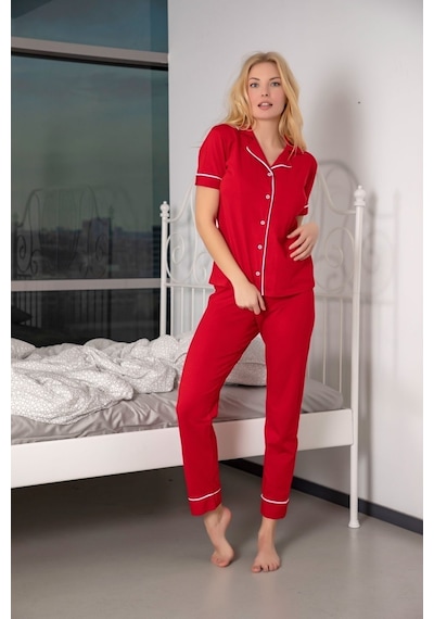 Siyah İnci Kadın Kısa Kollu Pamuklu Düğmeli Biyeli Pijama Takım Kırmızı Siyah İnci Kadın Kısa Kollu Pamuklu Düğmeli Biyeli Pijama Takım Kırmızı