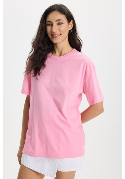 Tudors Kadın Slim Fit Dar Kesim Pamuk Kısa Kollu Bisiklet Yaka Pembe Tişört-50472 L