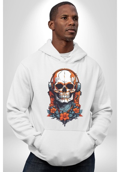 Müzik Kulaklık Takan Kurukafa Kırmızı Gül Kadın Erkek Beyaz Kapüşonlu Sweatshirt Hoodie Beyaz