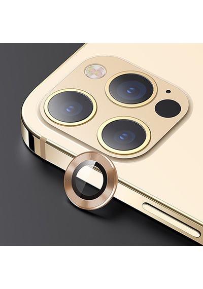 Usams Apple Uyumlu iPhone 12 Pro 3D Metal Çerçeveli Kamera Lens Koruyucu Gold