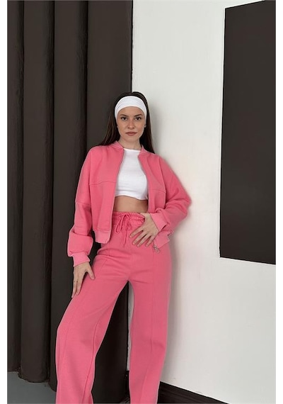 Neşeli Butik Kadın Pembe Fermuarlı 3 İplik Eşofman Takımı Nbesf01 Pembe