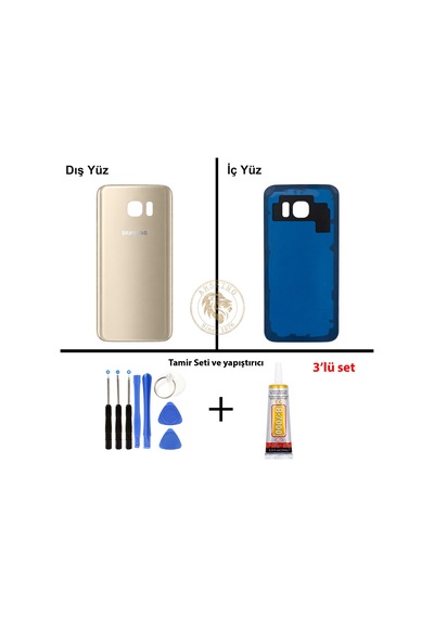 Samsung Galaxy S7 Gold Renk Arka Kapak + Tamir Seti + B7000 Yapıştırıcı Arka Cam Batarya Kapağı Pil Kapağı Lazer Kesim Back Cover Galaxy S7 Uyumlu