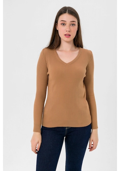 Miss Poem Kadın V Yaka Slim Fit Fitilli Uzun Kışlık Camel Triko Kazak Camel
