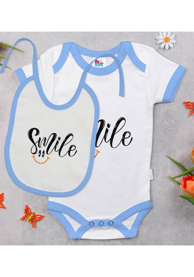 Bk Kids Smile Tasarımlı Mavi Bebek Body Zıbın Ve Mama Önlüğü Hediye Seti-1 Çok Renkli