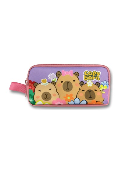 Capybara İki Bölmeli Çiçek Ve Capybara Baskılı Mor - Pembe Kız Çocuk Kalem Çantası - 6205