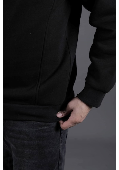 Dik Yakalı Parçalı Erkek Sweatshirt Siyah