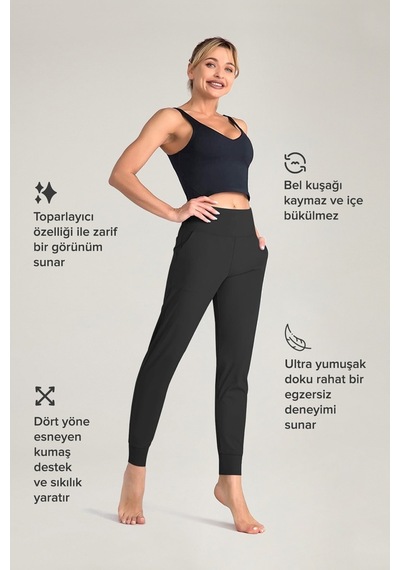 Winmoda34 Kadın Siyah Yüksek Bel Jogger Eşofman Altı Joggers Siyah