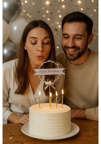 Gümüş Halkalı Happy Birthday Pasta Süsü Çiçekli Fiyonklu Parlak Doğum Günü Dekoru