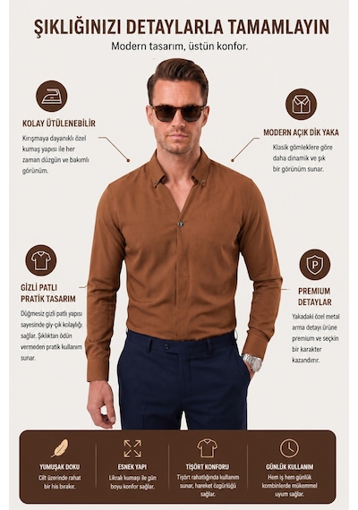 Rizzup Açık Kahve Slim Fit Kolay Ütülenebilir Açık Dik Yaka Likralı Erkek Gömlek 2602615 Açık Kahverengi Rizzup Açık Kahve Slim Fit Kolay Ütülenebilir Açık Dik Yaka Likralı Erkek Gömlek 2602615 Açık Kahverengi