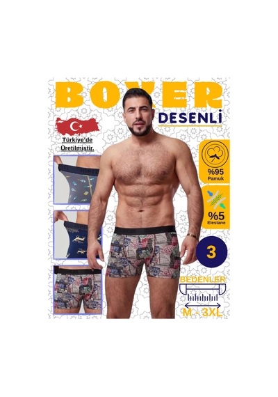 Mercan Erkek Boxer Şişe, Rota, Geyik Desenli 3'lü Paket - Rahat Kesim Çok Renkli