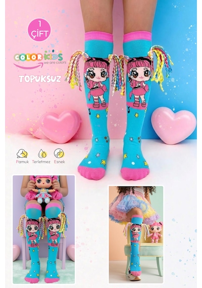 Color Socks 1 Çift Örgü Saç Desenli Animasyon Kız Çocuk Çorap Topuksuz Turkuaz