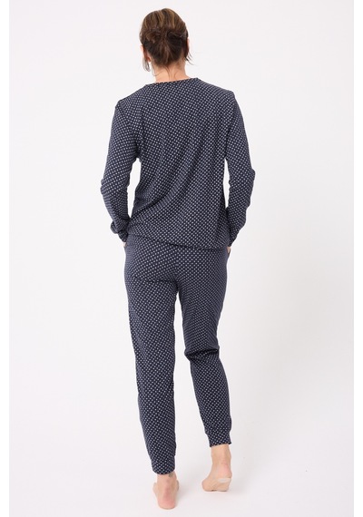 Lespadon Ocean Rıpple Premium Örme Pamuk Uzun Kollu Henley & Uzun Pantolonlu Kadın Pijama Takımı-3233 Lacıvert