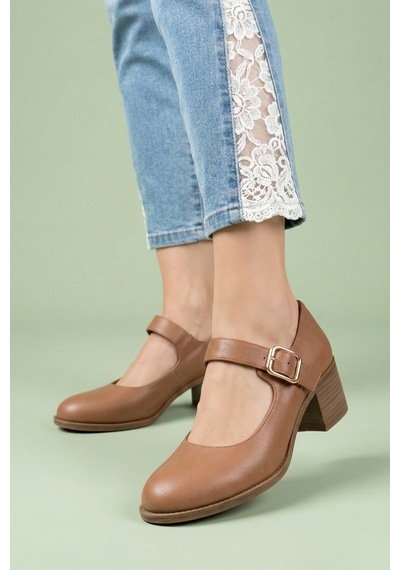 Analin Shoes Kadın Hakiki Deri Tokalı Günlük Kalın Topuklu Ayakkabı Kahverengi