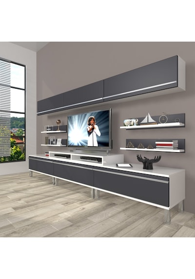 Decoraktiv Ekoflex 8y Mdf Krom Ayaklı Tv Ünitesi Tv Sehpası Beyaz - Antrasit