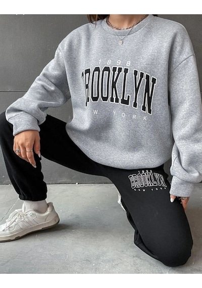 Oversize Basic Eşofman Takımı Alt Siyah Üst Gri Gri