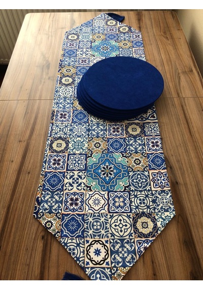 Seramik Desenli Runner & Saks Mavi Supla Çok Renkli