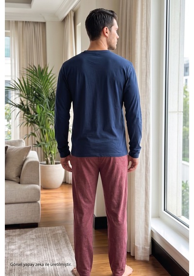 Siyah İnci Nakışlı Pamuklu Likralı Örme Pijama Takım 26241801 Lacivert