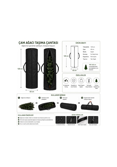 120 X 40 Yapay Çam Ağaçları Çam Ağacı Taşıma Ve Saklama Çantası Fermuarlı Su Geçirmez Siyah Yılbaşı Ağacı Çantası 120 Cm