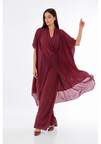 Bohem Stil Italyan Ipek Detaylı Oversize Kap Bluz- Wes Pantolon Takım Koyu Bordo