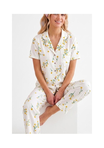 Fit Women Çiçek Baskılı Bürümçük Kumaş Kısa Kollu Pijama Takımı 6067 Çok Renkli