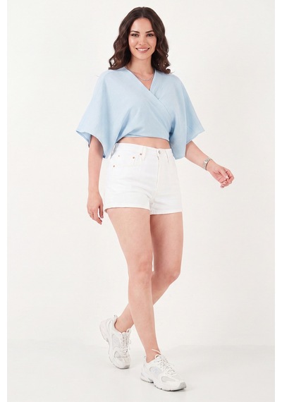 Lela Pamuklu Comfort Fit Bağlamalı Yarasa Kol Bolero Kadın Bolero 5866354 Mavi