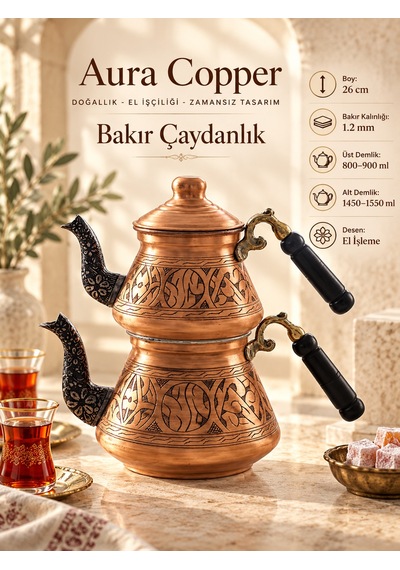 Aura Copper Bakır Çaydanlık Takımı 26 Cm Geleneksel Desenli Ac-cy-21