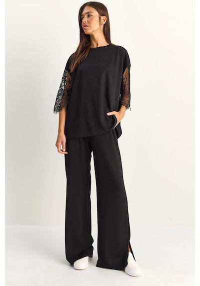 Shade Kadın Kolları Dantelli Oversize Basic T-shirt Beli Lastikli Bol Pantolon Alt-üst Modal Takım 4115 60286085 - Siyah
