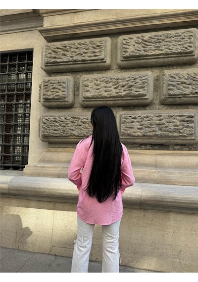WeShaya Pembe Oversize Kırışık %100 Polyester Gömlek Pembe