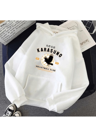 Haikyuu Karasuno Beyaz Kapşonlu Sweatshirt Beyaz