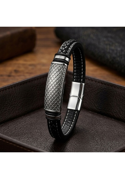 Premium Diamond Grid Desenli Çelik Kilitli Siyah Deri Erkek Bileklik 31831b8d5 - 20 Cm Siyah - Gümüş