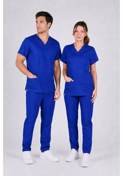 Üniforma Saks Mavi Hemşire Ve Doktor Forması Scrubs Takımı Likralı Alt Üst Üniforma Unisex Yarasa Kol Saks Mavisi