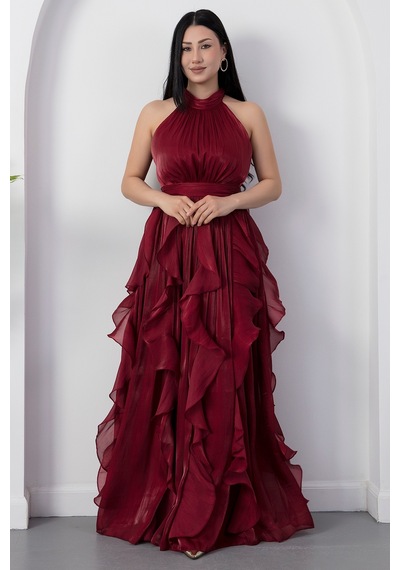 Kalopya Halter Yaka Eteği Fırfırlı Saten Elbise Eli6073 Bordo