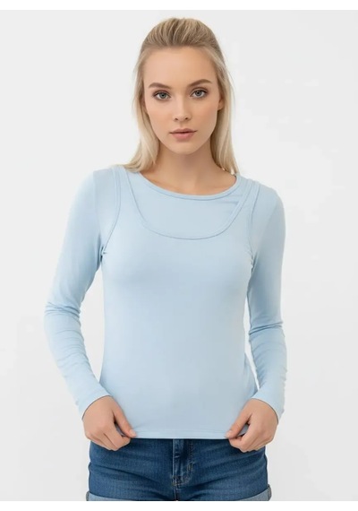 Park Karon 26031 Kadın Geniş Yaka Slim Fit Tasrım Modal Penye Bluz Bebe Mavi
