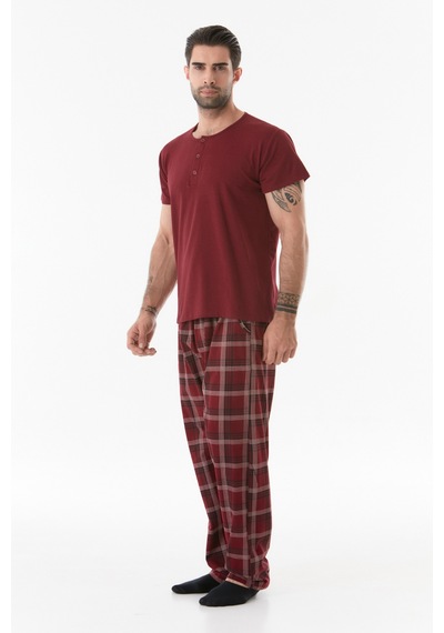 Fullamoda Ekose Desenli Düğmeli Pijama Takımı 24mıcg631212245-bordo 24MICG631212245-Bordo