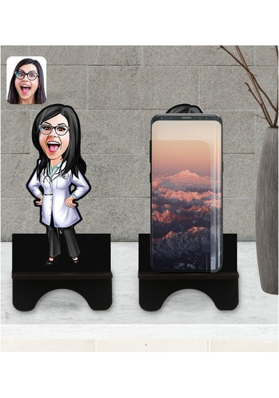 Kişiye Özel Kadın Doktor Karikatürlü Ahşap Biblo Telefon Standı-1